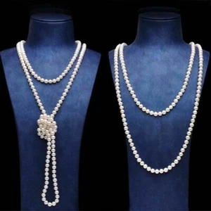 ¡Hermoso! Collar de perlas cultivadas Akoya blanco natural de 60" genuino de 7-8 mm - Imagen 1 de 5