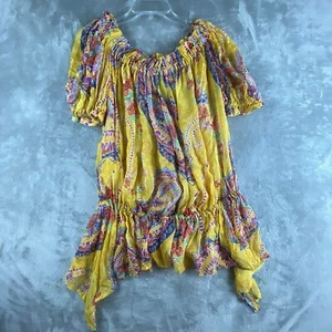 Zara Top Womens Medium Yellow Floral Paisley Silk Off Shoulder Puff Sleeve Sheer - Picture 1 of 13