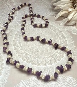 Vintage Amethyst Chip & Freshwater Pearl Beaded Necklace No Clasp - Picture 1 of 6
