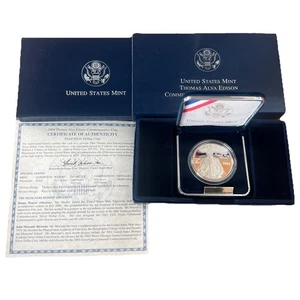 2004 P Thomas Alva Edison Proof Silver Dollar US Mint $1 Coin Box and COA - Foto 1 di 8