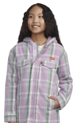 Camisa Levi's Niñas Talla Grande 14/16 Púrpura Cuadros Con Capucha Sherpa Franela Chamarra Foto 1 de 4