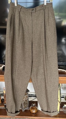 复古 Evan Picone 粗花呢羊毛正装裤女式 8 码千鸟格褶饰棕色袖口 — 第 1/4 张图片