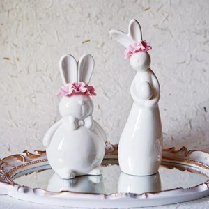 Elegant Handmade Ceramic Pinched Flower Bunny Couple: Easter Decoration Statue - Picture 1 of 9