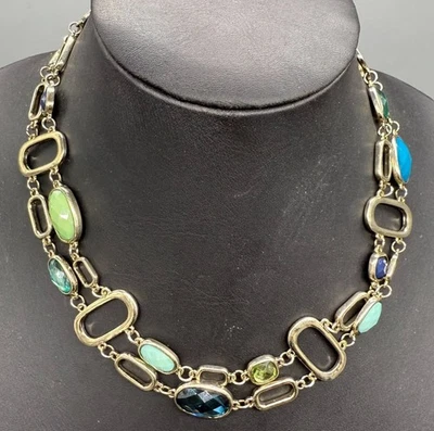 Green Blue Faceted Necklace Crystal Double-Strand Chain Statement Choker - Image 1 of 4