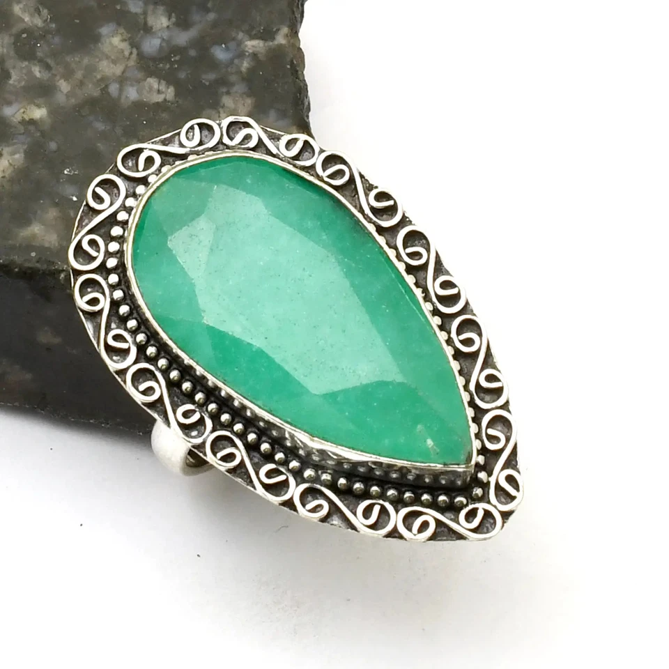 Этническое кольцо ручной работы с искусственным изумрудом ювелирное изделие размер США - 9,75 AR 39771 - Изображение 1 из 1