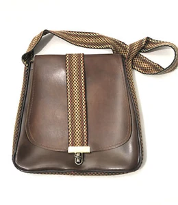 Vintage 1970’s Brown Leather Satchel Shoulder Bag Purse W/ Woven Cloth Strap-9x9 - Picture 1 of 24