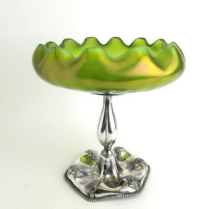 EG Webster Quadruple Silverplate & Loetz Style Iridescent Green Glass Compote - Picture 1 of 8