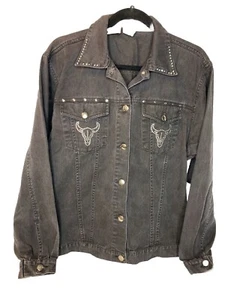 MIDNIGHT VELVET Women's Denim Jacket Black Silver Studded Southwestern Skull XL - Picture 1 of 13