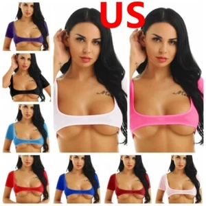 Women's Sheer Mesh Open Bust Crop Top Short Sleeve Blouses Belly Dance Tops - Picture 1 of 75