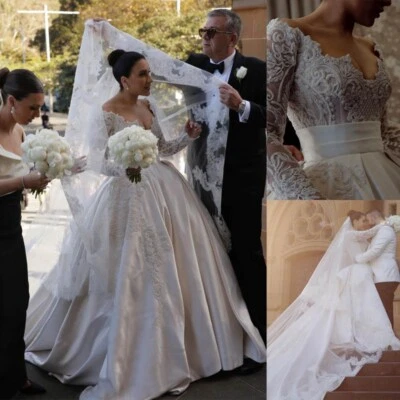 Luxus Brautkleid Hochzeitskleid A-Linie Spitze Aufkleber Weiß Ivory 38 40 42 44 - Bild 1 von 4