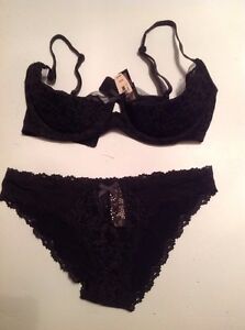 Victoria's Secret Dream Angels Bra Panty Set Balconet Black Cross Dye 32D,S NWT