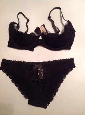 Victoria's Secret Dream Angels Bra Panty Set Balconet Black Cross Dye 32D,S NWT - Image 1 of 4