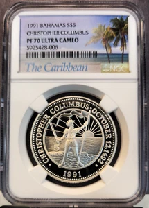 1991 BAHAMAS SILVER 5 DOLLARS CHRISTOPHER COLUMBUS NGC PF 70 ULTRA CAMEO RARE - Picture 1 of 3