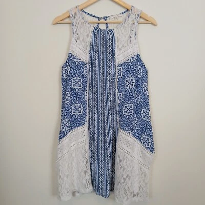 Hint of Mint Blue White Geometric Lace Trim Dress Women's Size L - Image 1 of 4