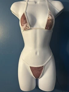 Exotic Dance Wear Micro-Kini Sexy Thong Two Piece Set Velvet Pink - Picture 1 of 3