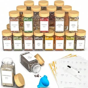 Space - Saving 24 Glass Spice Jar Set: Bamboo - Lidded Containers with Labels, - Picture 1 of 7