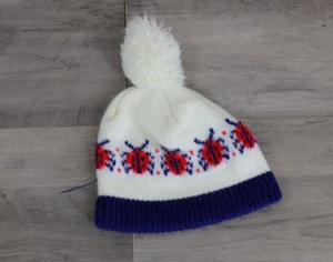 VINTAGE Baby Infant Size Knit Stocking Pom Pom Hat White Red Blue Ladybugs - Picture 1 of 4