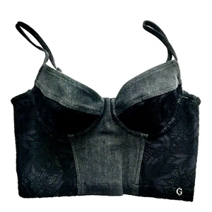 Guess Lelly XS Black Denim/Lace Bustier Cropped Underwired Adjustable straps-NWT - Picture 1 of 16