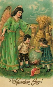 The Guardian Angel Protecting Children from Fire at Hay Stacks Vintage Postcard - Picture 1 of 2