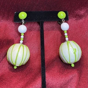 Vintage 1960s Lime Green Blue Dangle Ball Go Go Earrings Retro Mod Twiggy MCM - Picture 1 of 5