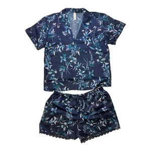 Flora Satin Notch Collar Short Sleeve & Shorts PJ Set Blue Floral XXL - Picture 1 of 1