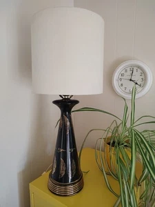 Vintage Sexy Atomic Black Gold Table Lamp Gold Feather Pattern Fast Shipping - Picture 1 of 10