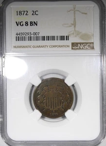 1872 Two Cent Piece NGC VG8 BN KEY DATE 2C Circulated Type Coin - Picture 1 of 4