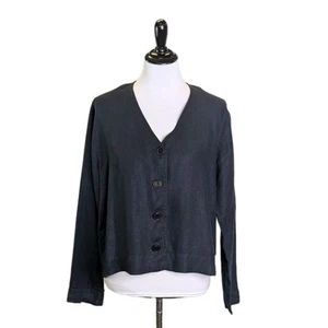 Flachs Cropped Shirt Jacke Knopfleiste Tasche Lagenlook 100% Leinen schwarz MEDIUM - Bild 1 von 11