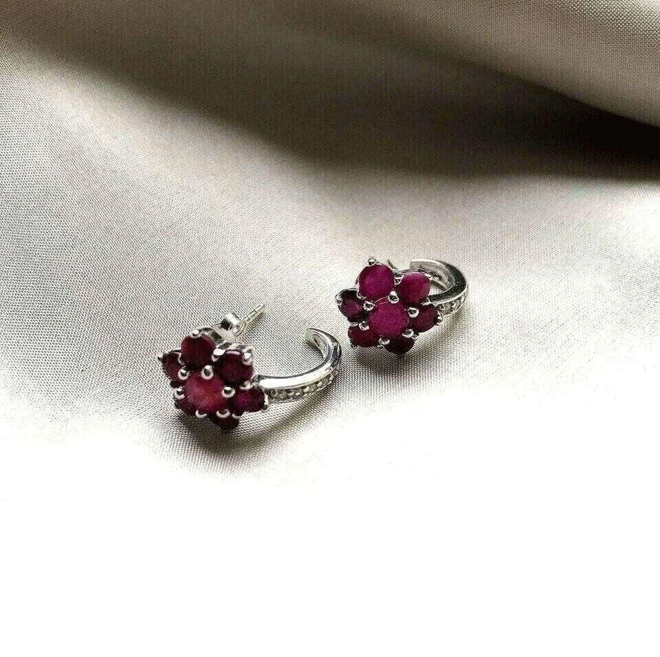 2Ct Round Cut Lab-Created Ruby Hoop Earrings Women's 14K White Gold Plated - Image 1 of 3