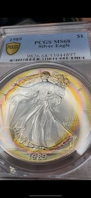 1989 American Eagle 1 oz Silver Dollar PCGS MS68 Toning Toned Rainbow PCI  Video - Image 1 of 3