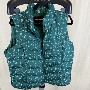 Lands End Womens Vest Puffer Down Feather Filled Classic Preppy Paisley Green XL - Picture 1 of 4