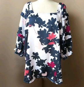 LIZ CLAIBORNE WOMANS BLOUSE 3/4 BALLOON SLEEVE FLORAL RED WHITE BLUE TOP SZ XL - Picture 1 of 4