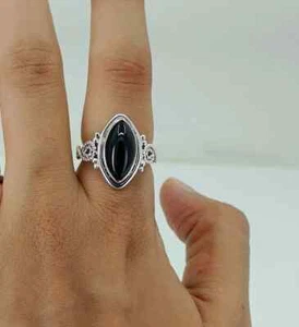 Onice Nera Gemma 925 Argento Sterling Artigianale Anello Tutte le Misure Cu-09 - Foto 1 di 6
