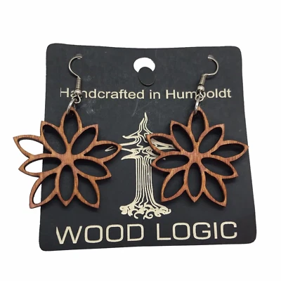 Wood Laser Cut Flower Dangle Earrings Woodlogic Handcrafted In Humboldt boho - Image 1 of 4