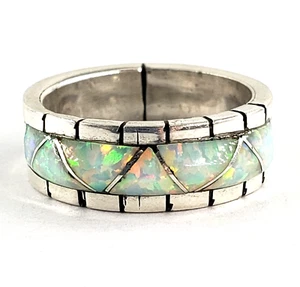 PHYLLIS LUCIO ZUNI Sterling Silver Opal Inlay Band Size 7 Womens Native Vintage - Picture 1 of 12