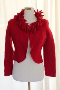 Vintage Red 100% Felted Wool Fringe Crop Statement Art Tribal Jacket Women's PS - Picture 1 of 11