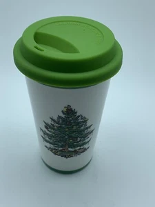 Taza de viaje Spode árbol de Navidad - Tapa de silicona verde café té apenas usada - Imagen 1 de 4
