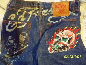 Ed Hardy Shorts Mens 38 Flaming Skull Rider Embroidered Dark Wash Y2K Denim - Picture 1 of 15