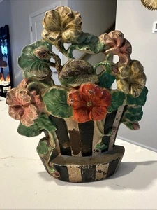 Antique Vintage cast iron door stop / Bookend Flowerpot Striped Pot Flowers - Picture 1 of 10
