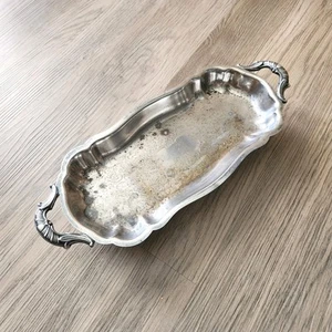 Vtg Silver Plated Butler Tray Ornate Double Handles Etched Footed Silverplate - Picture 1 of 11