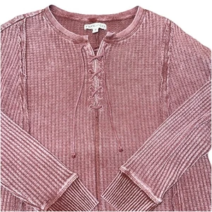 Frye And Co Brown Waffle Knit Split Tie Neck Henley Tunic Long Sleeve Women’s M - Picture 1 of 7