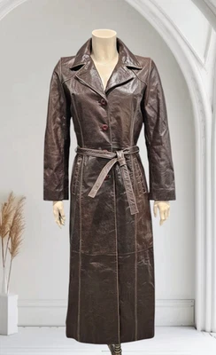 Vtg WILSON'S Maxima Women Brown Leather White Stitch Belted Long Trench Coat S - Image 1 of 4