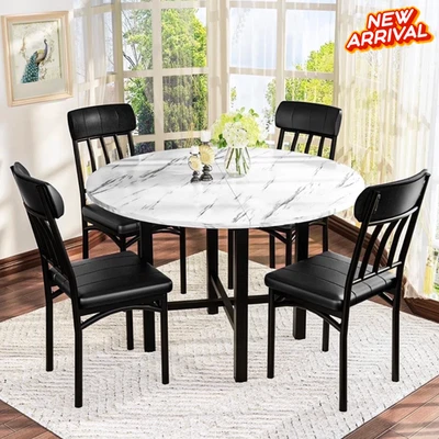 Juego De Comedor Redondo 4 Sillas y Mesa Elegante Faux Marble Top Kitchen Table - Image 1 of 4