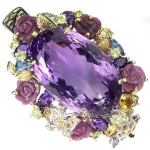 925 Sterling Silver Bangle Oval Amethyst 102ct Ruby Handmade Gemstone 6.9inches - Picture 1 of 14