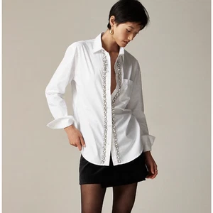 J.Crew Embellished Garcon Shirt Tulle Collar Cotton Poplin Party White US 0 NWT - Picture 1 of 13