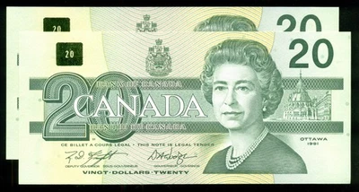 1991 $20 BC-58c Canadá, Caballero/Esquiva, Emisión Birds of Canada, Par consecutivo Foto 1 de 2