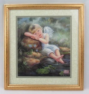 NEW Home & Garden Party Framed Matted Little Boy Angel Cherub w/Feet in Pond - Picture 1 of 4