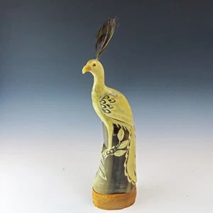 Vintage Horn Sculpture Hand Carved Peacock Figurine Glass Eyes - Picture 1 of 7