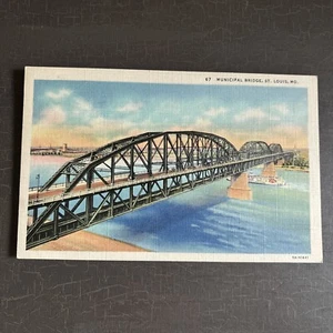 Linen Postcard St. Louis Missouri MO Municipal Bridge over Mississippi River - Picture 1 of 2