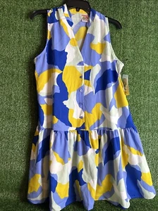 Nine West Women's Button Front Ruffle Hem Dress Size M Blue/yellow Print - Picture 1 of 4